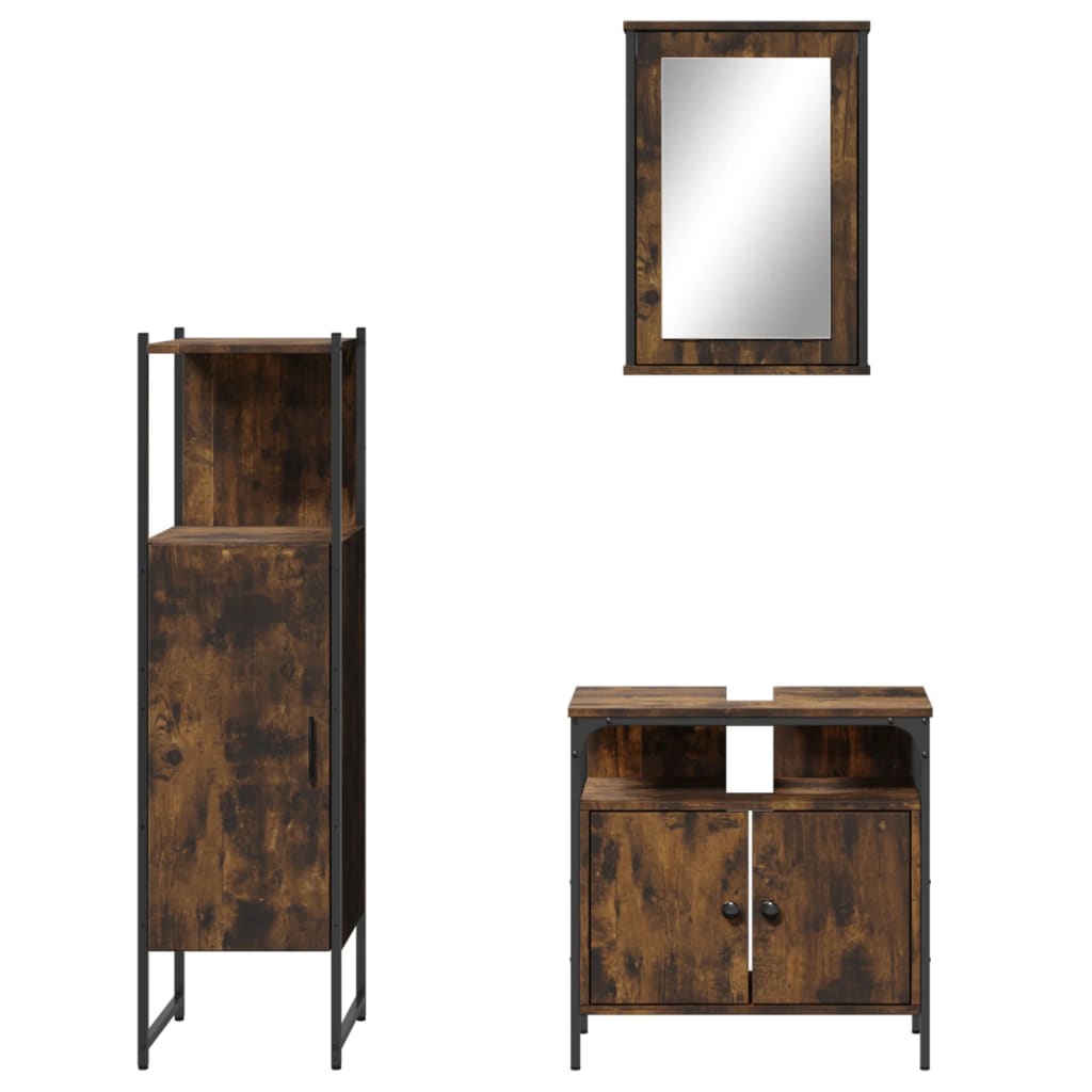 Set mobilier de baie, 3 piese, stejar fumuriu, lemn prelucrat