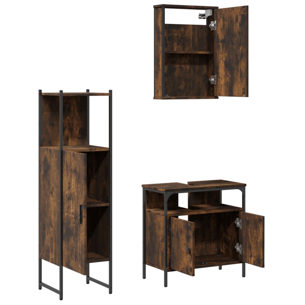 Set mobilier de baie, 3 piese, stejar fumuriu, lemn prelucrat