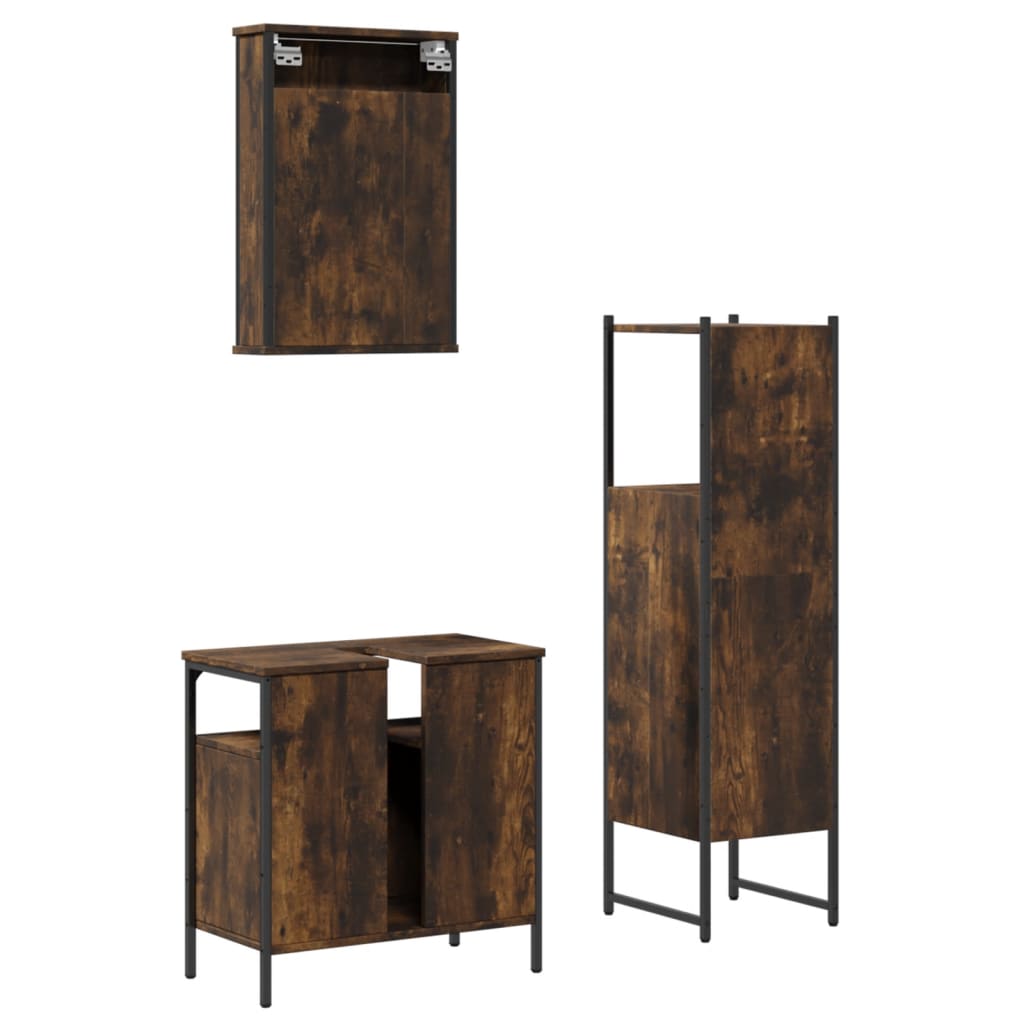Set mobilier de baie, 3 piese, stejar fumuriu, lemn prelucrat