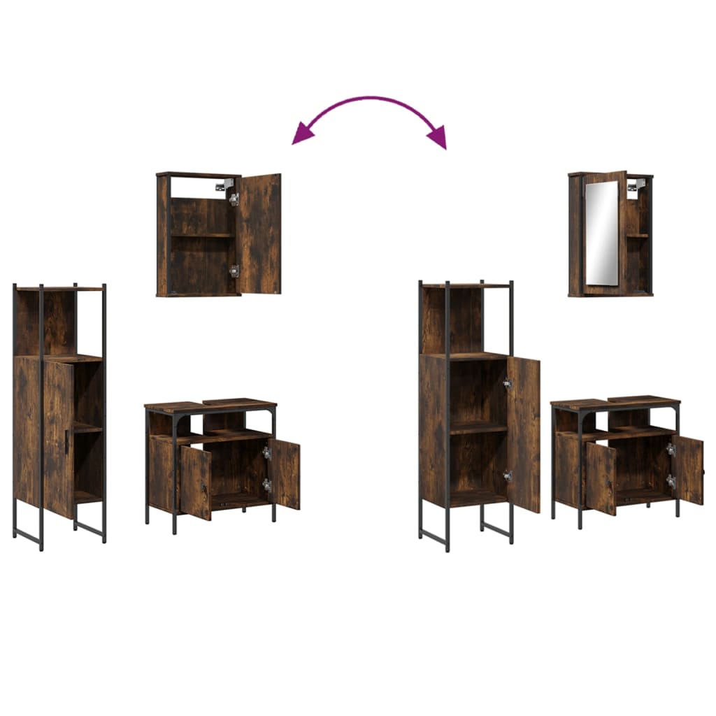 Set mobilier de baie, 3 piese, stejar fumuriu, lemn prelucrat