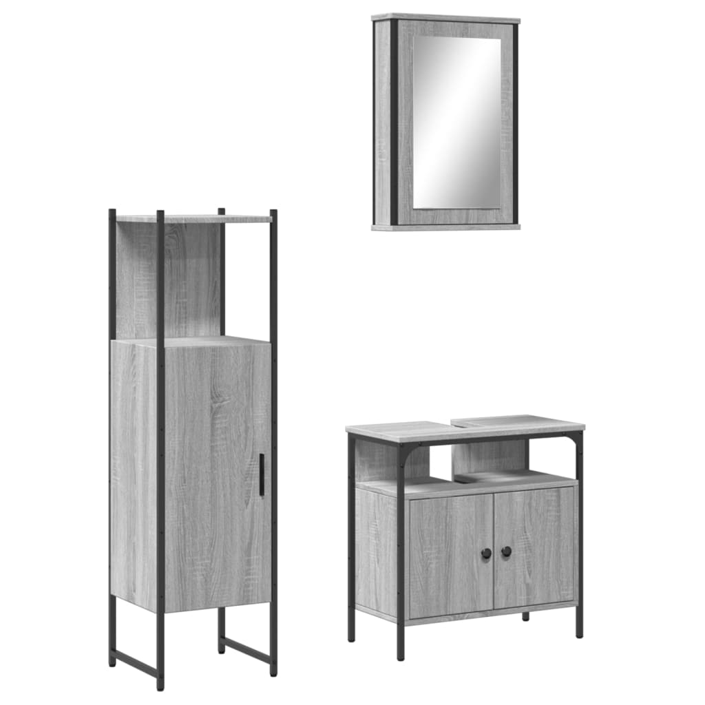 Set mobilier de baie, 3 piese, gri sonoma, lemn prelucrat