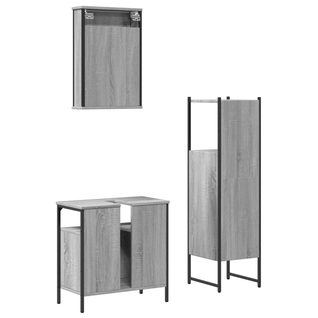 Set mobilier de baie, 3 piese, gri sonoma, lemn prelucrat