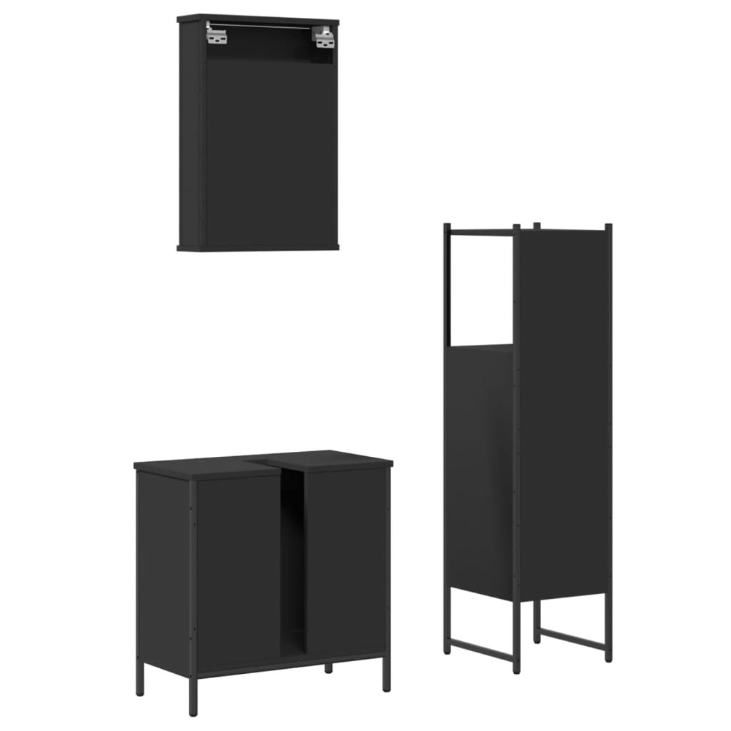 Set mobilier de baie, 3 piese, negru, lemn compozit