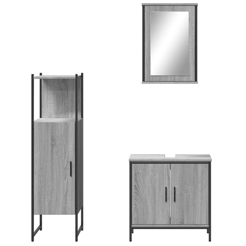 Set mobilier de baie, 3 piese, gri sonoma, lemn prelucrat