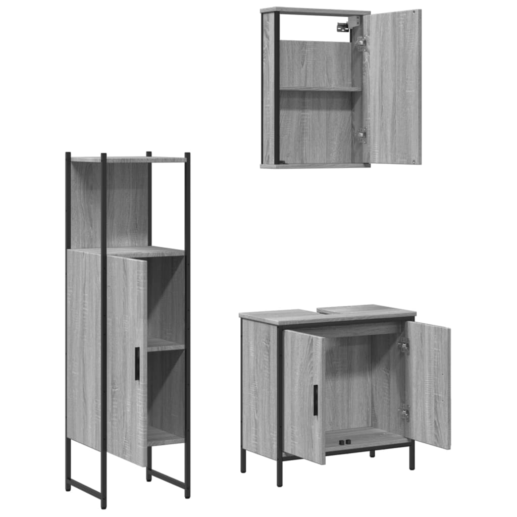 Set mobilier de baie, 3 piese, gri sonoma, lemn prelucrat