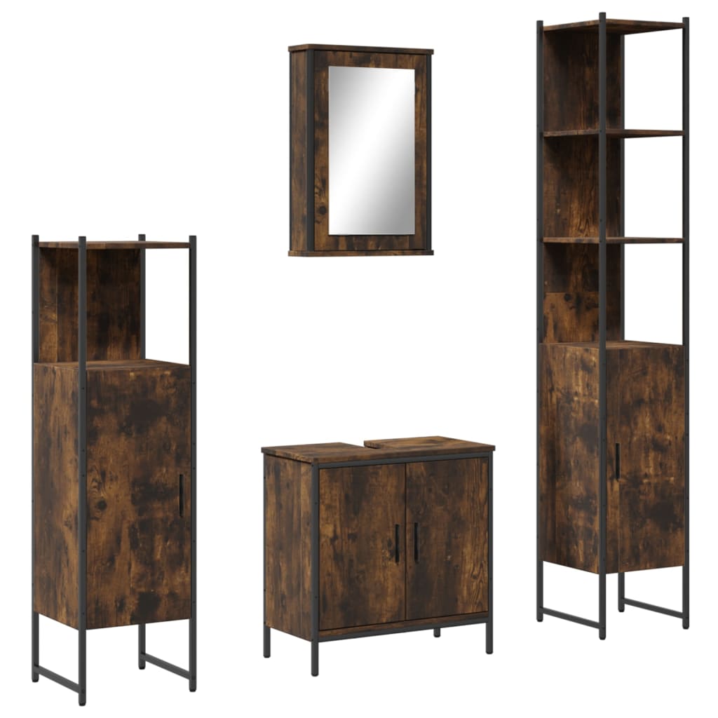 Set mobilier de baie, 4 piese, stejar fumuriu, lemn prelucrat
