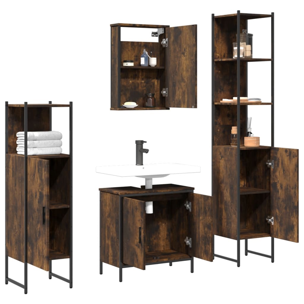 Set mobilier de baie, 4 piese, stejar fumuriu, lemn prelucrat