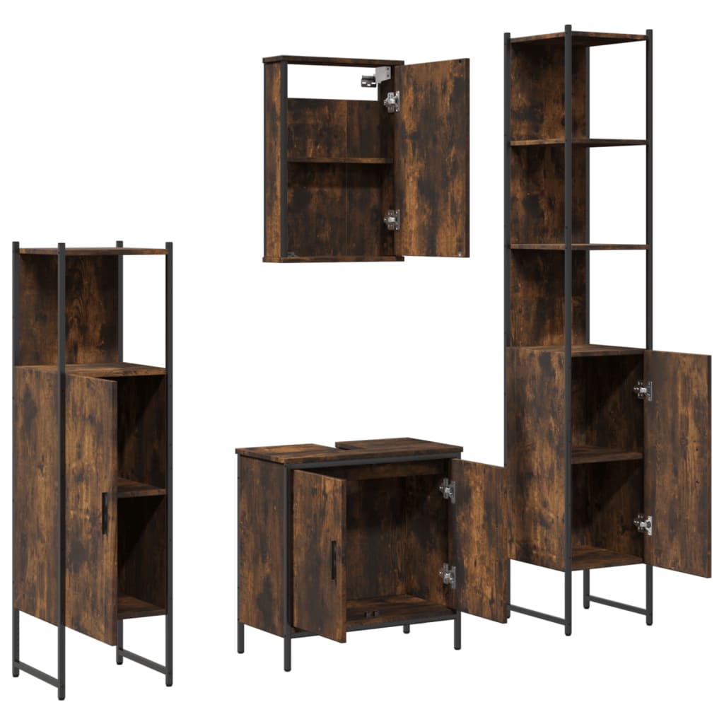 Set mobilier de baie, 4 piese, stejar fumuriu, lemn prelucrat