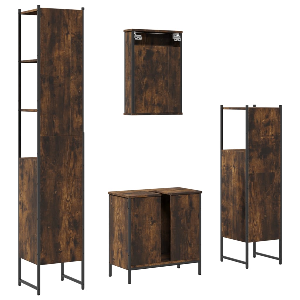 Set mobilier de baie, 4 piese, stejar fumuriu, lemn prelucrat
