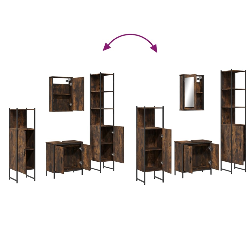 Set mobilier de baie, 4 piese, stejar fumuriu, lemn prelucrat