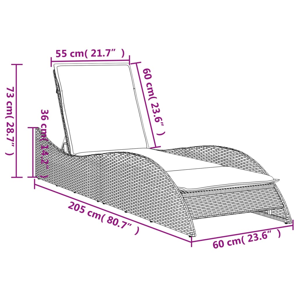 Șezlong cu pernă, gri deschis, 60x205x73 cm, poliratan