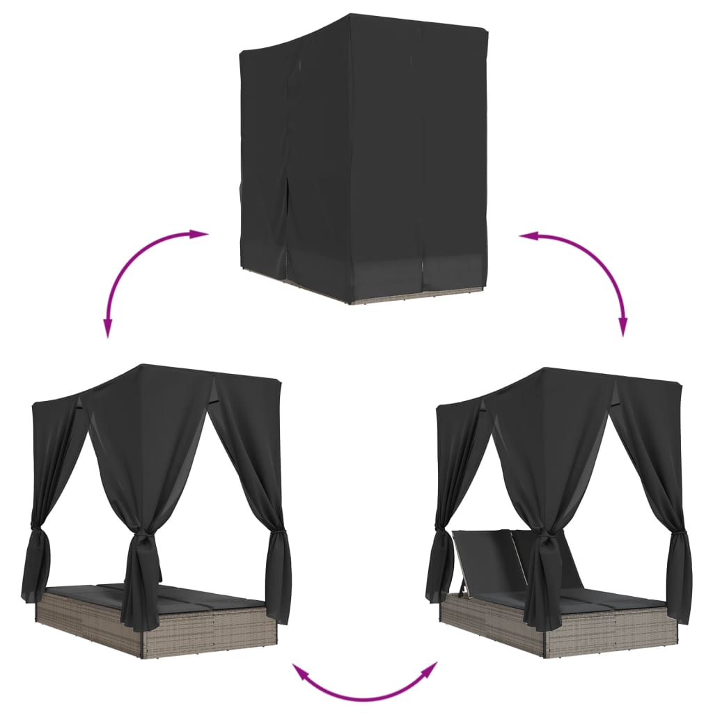 Șezlong de plajă dublu cu acoperiș și perdele, gri, poliratan