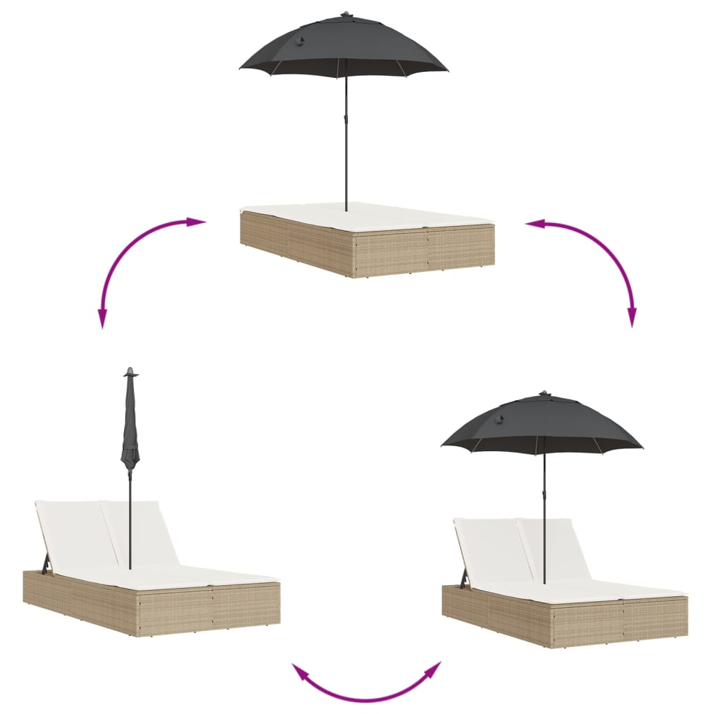 Șezlong dublu cu perne/umbrelă de soare, bej, poliratan