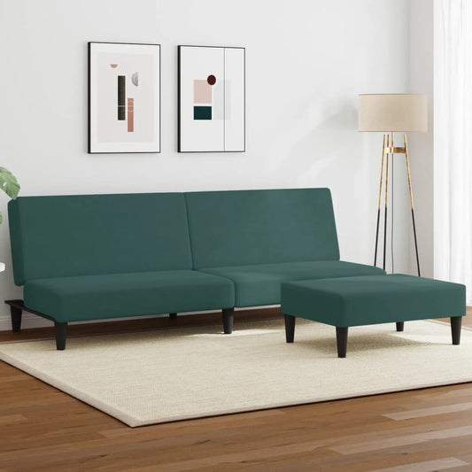 Canapea extensibilă cu taburet, 2 locuri, verde închis, catifea