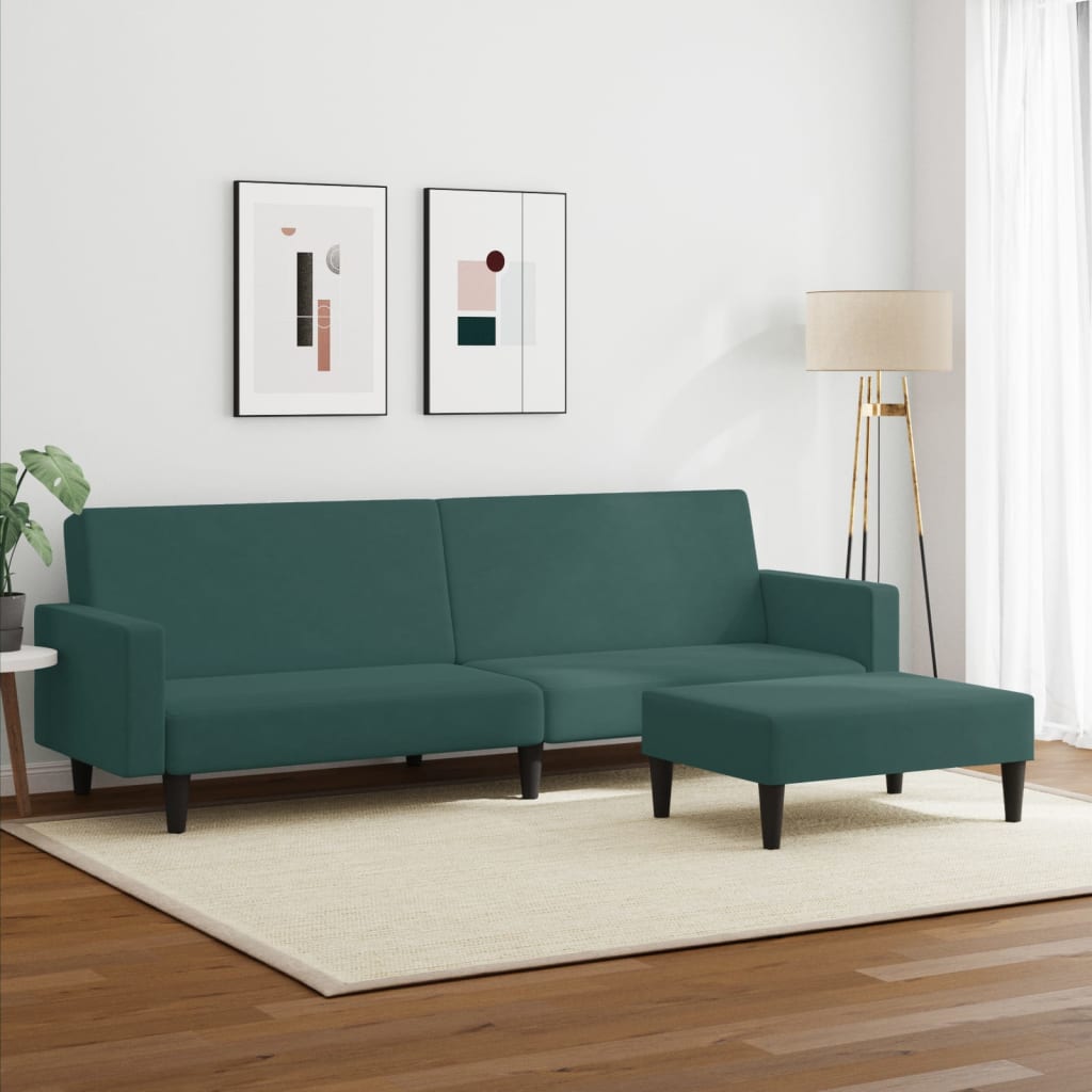Canapea extensibilă cu taburet, 2 locuri, verde închis, catifea