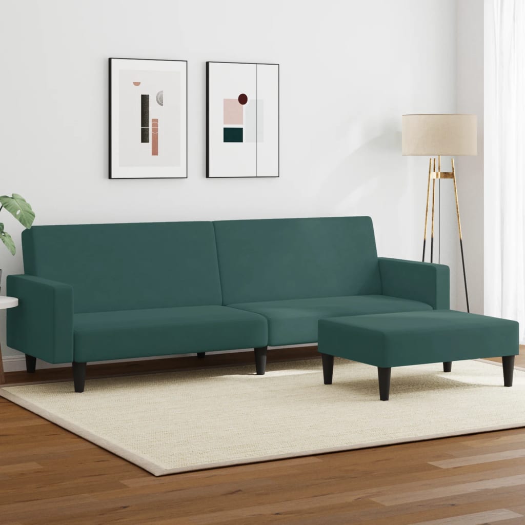 Canapea extensibilă cu taburet, 2 locuri, verde închis, catifea