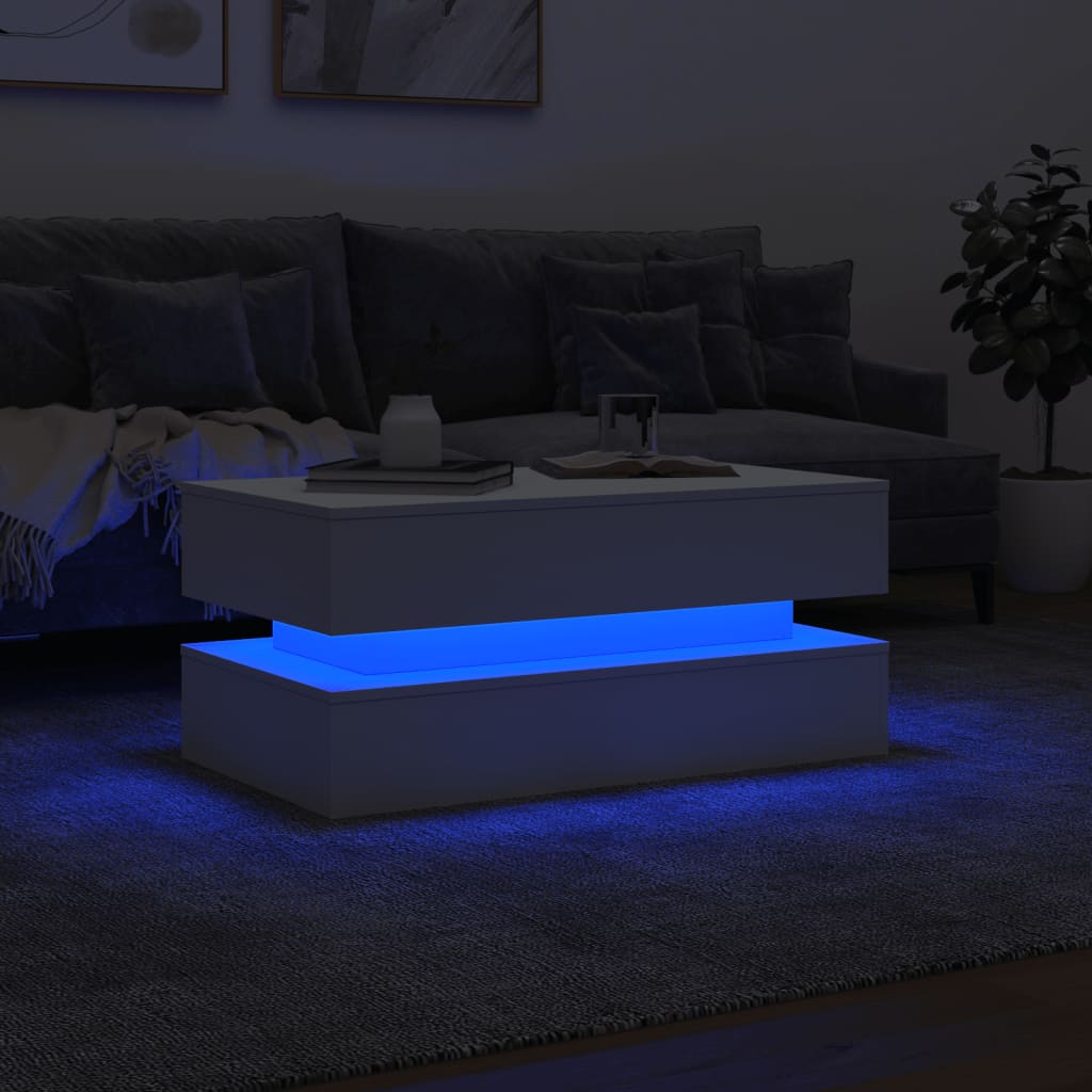 Măsuță de cafea cu lumini LED, alb, 90x50x40 cm