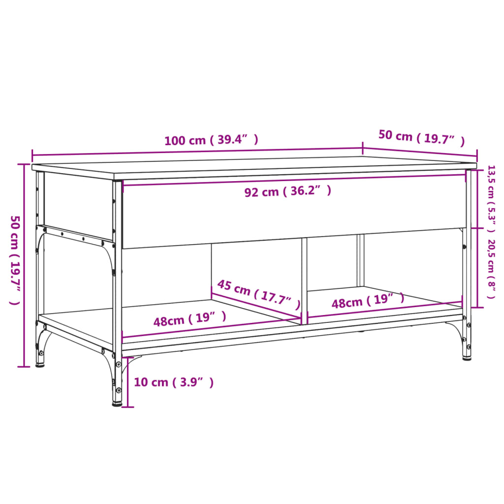 Măsuță de cafea gri sonoma 100x50x50 cm lemn prelucrat și metal