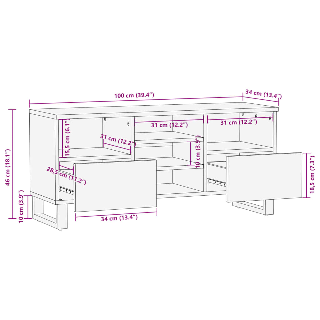 Dulap TV, 100x34x46 cm, lemn masiv de acacia