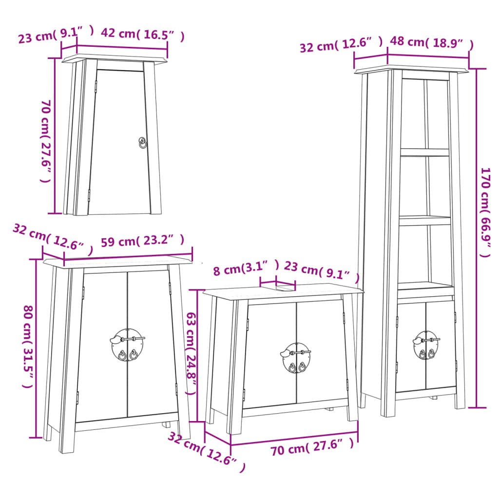 Set mobilier de baie, 4 piese, lemn masiv de pin