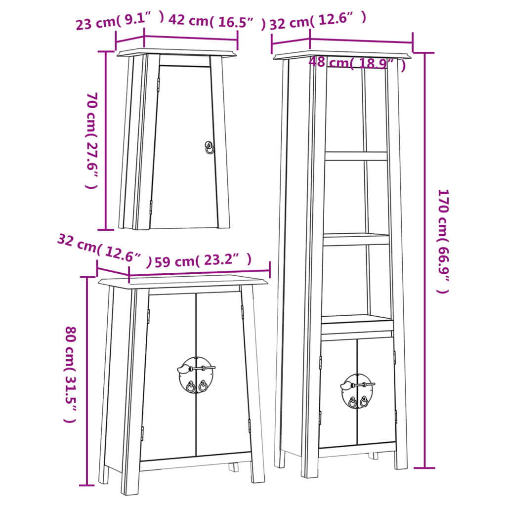 Set mobilier de baie, 3 piese, lemn masiv de pin