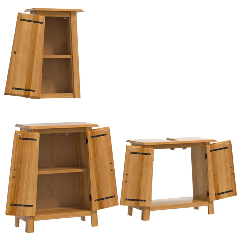 Set mobilier de baie, 3 piese, lemn masiv de pin