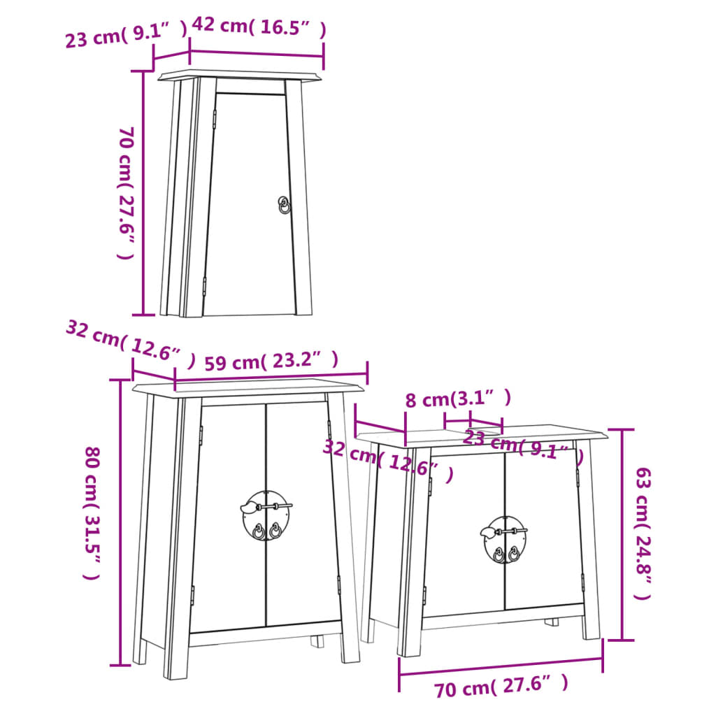 Set mobilier de baie, 3 piese, lemn masiv de pin