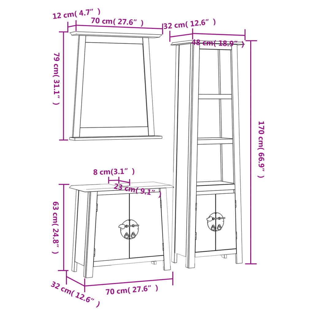 Set mobilier de baie, 3 piese, lemn masiv de pin