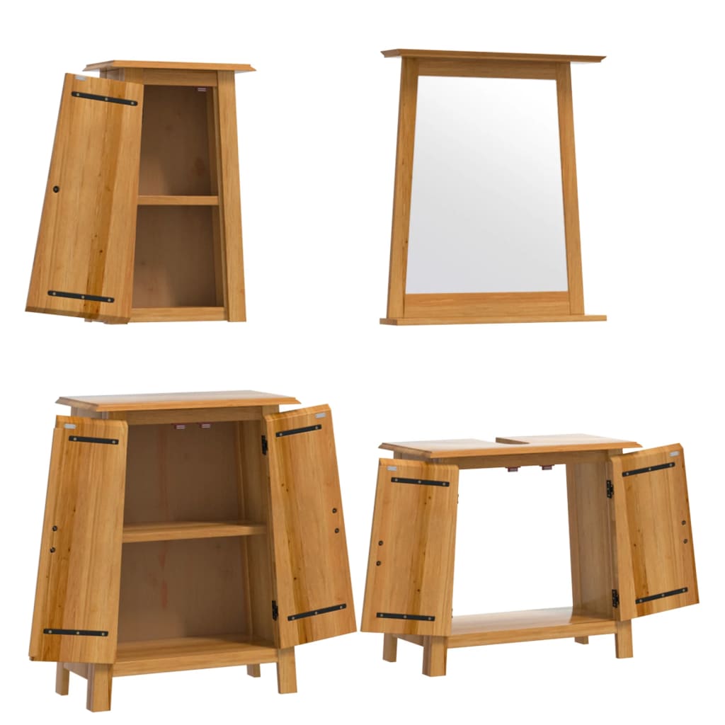 Set mobilier de baie, 4 piese, lemn masiv de pin