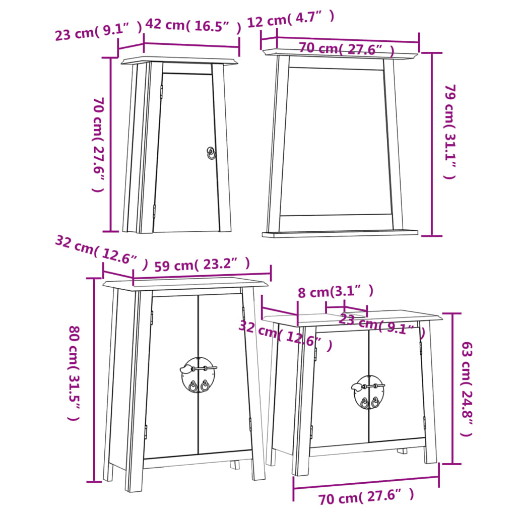 Set mobilier de baie, 4 piese, lemn masiv de pin