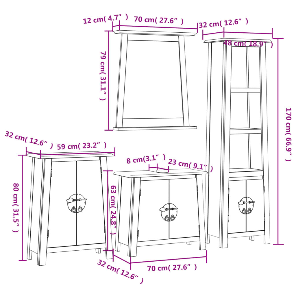 Set mobilier de baie, 4 piese, lemn masiv de pin