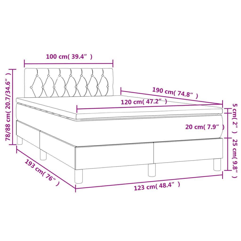 Pat cu arcuri, saltea și LED, crem, 120x190 cm, textil