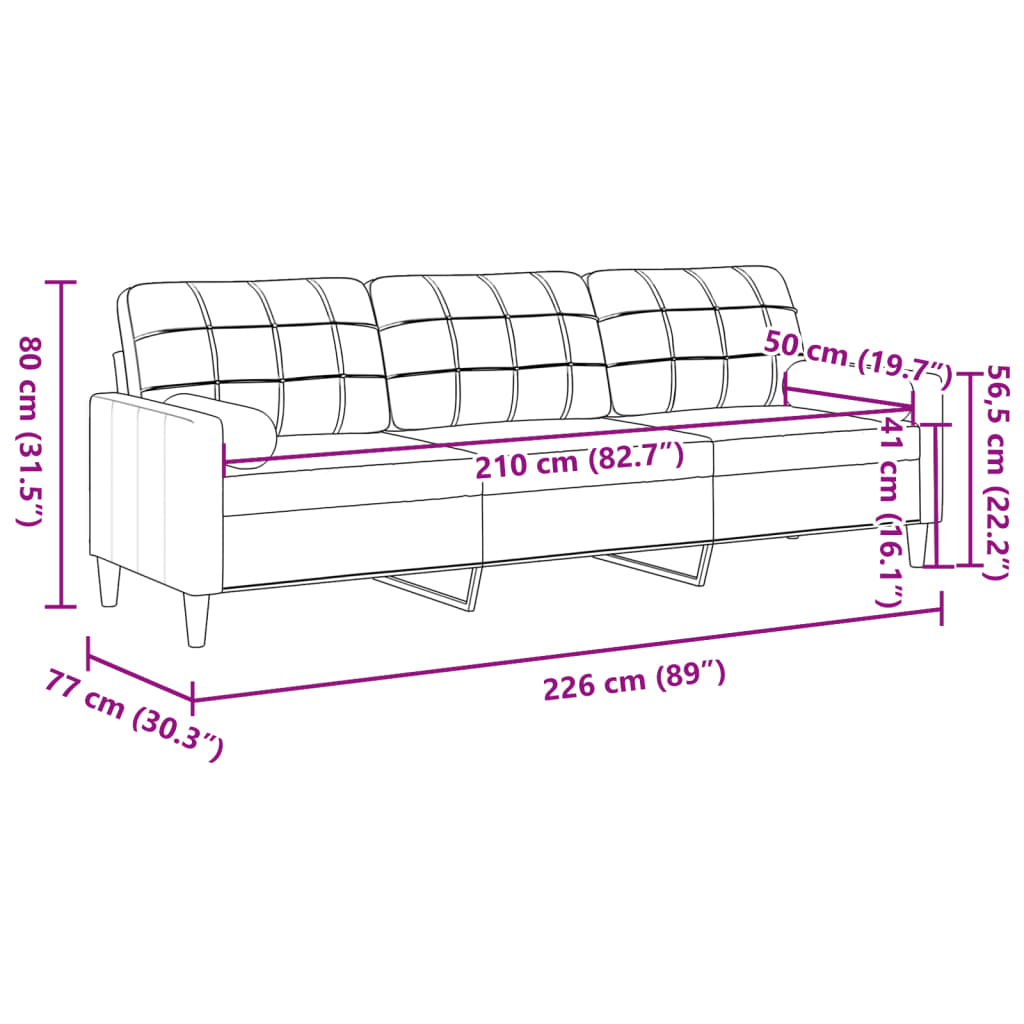 Canapea cu 3 locuri cu pernuțe, gri deschis, 210 cm, textil