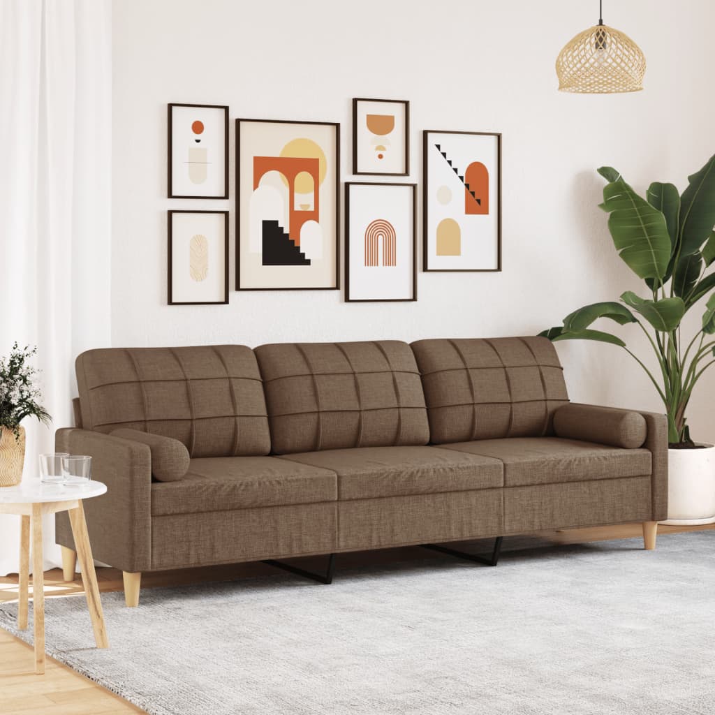Canapea cu 3 locuri cu pernuțe, maro, 210 cm, textil