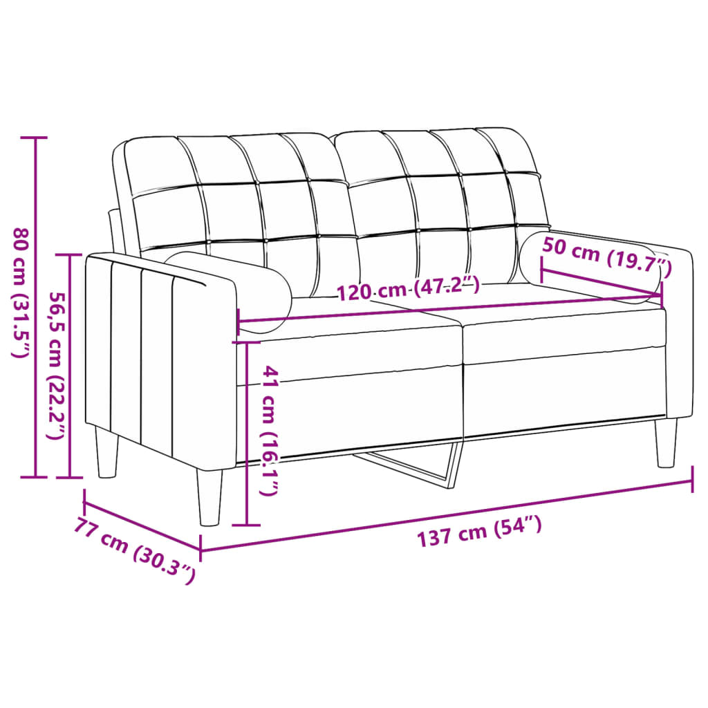 Canapea cu 2 locuri cu pernuțe, gri deschis, 120 cm, catifea