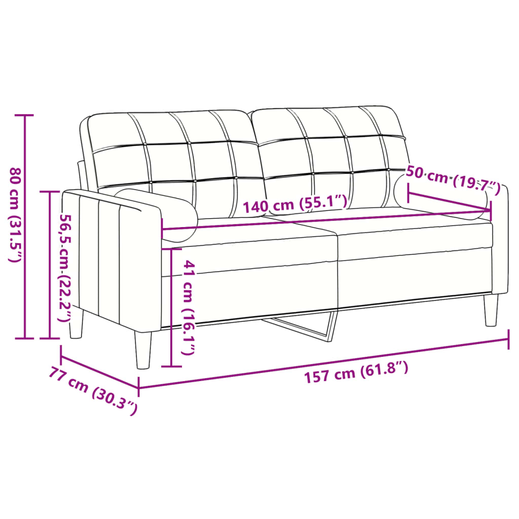 Canapea cu 2 locuri cu pernuțe, gri deschis, 140 cm, catifea