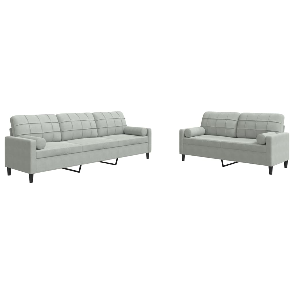 Set de canapele cu perne, 2 piese, gri deschis, catifea