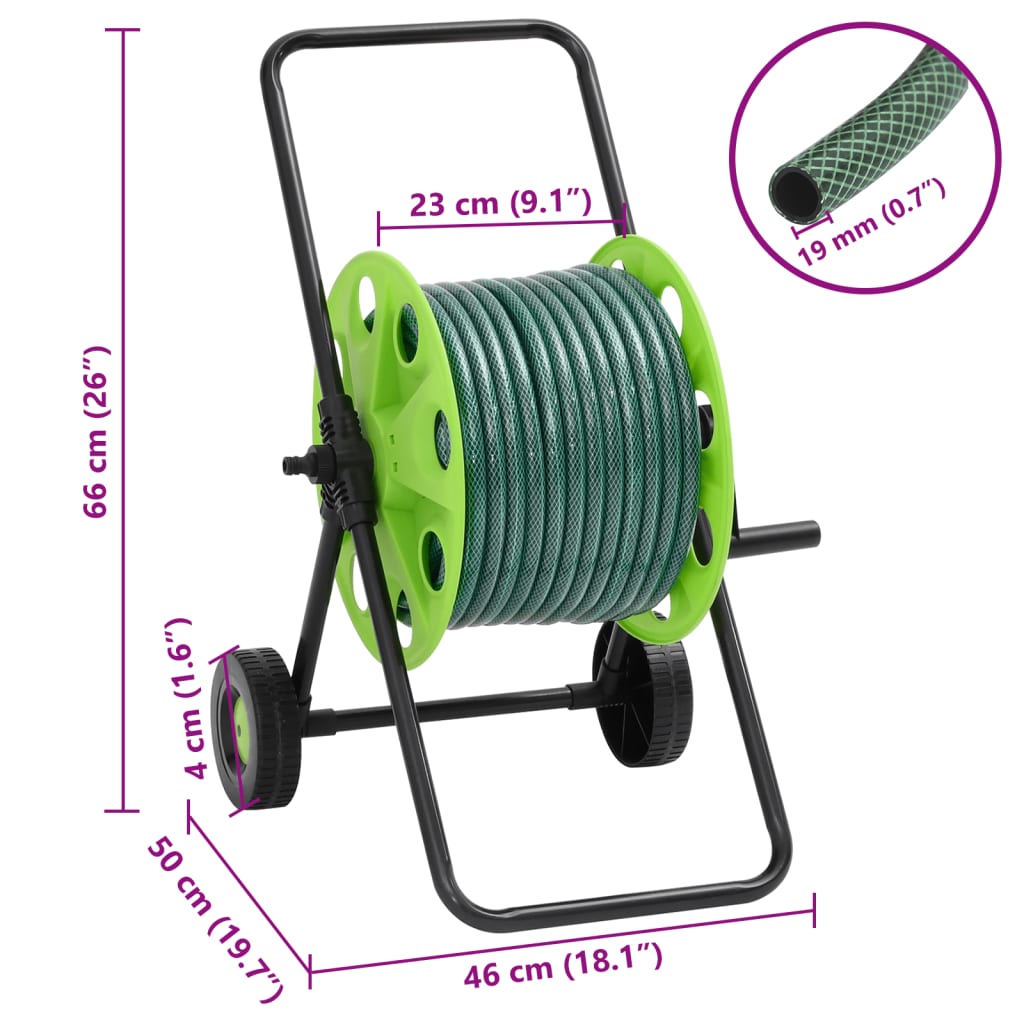 Cărucior tambur furtun verde set racorduri furtun 0,75" 20m PVC