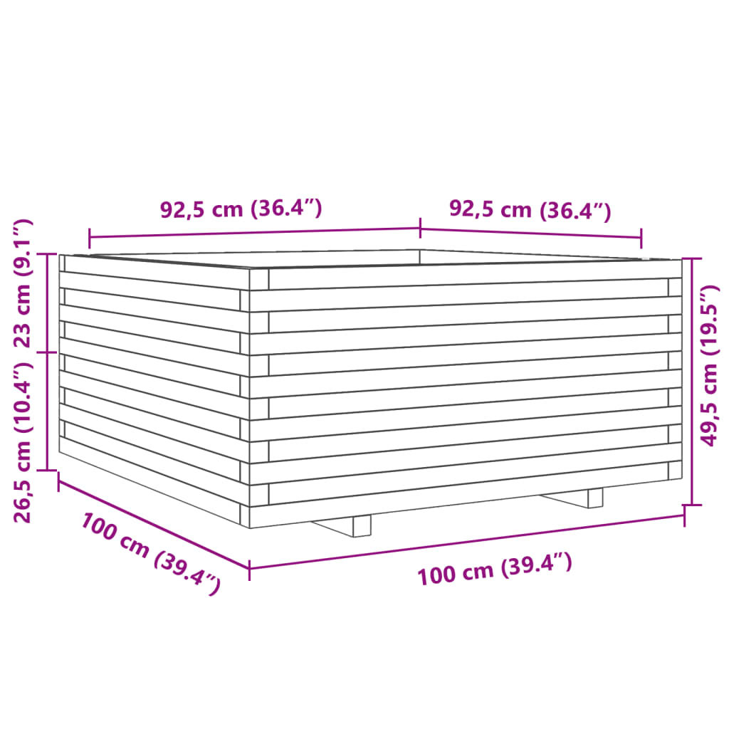 Jardinieră grădină maro ceruit, 100x100x49,5 cm, lemn masiv pin