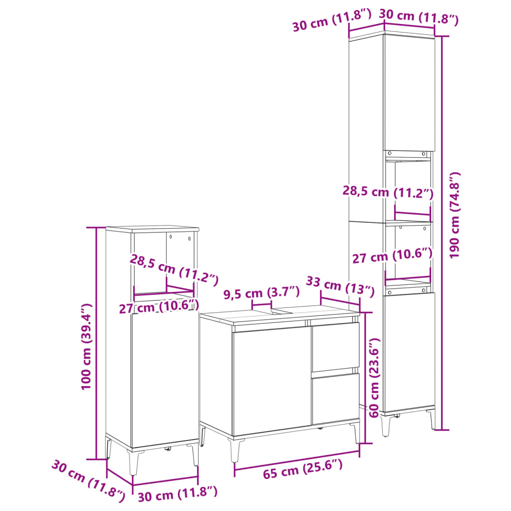 Set mobilier de baie, 3 piese, stejar sonoma, lemn prelucrat