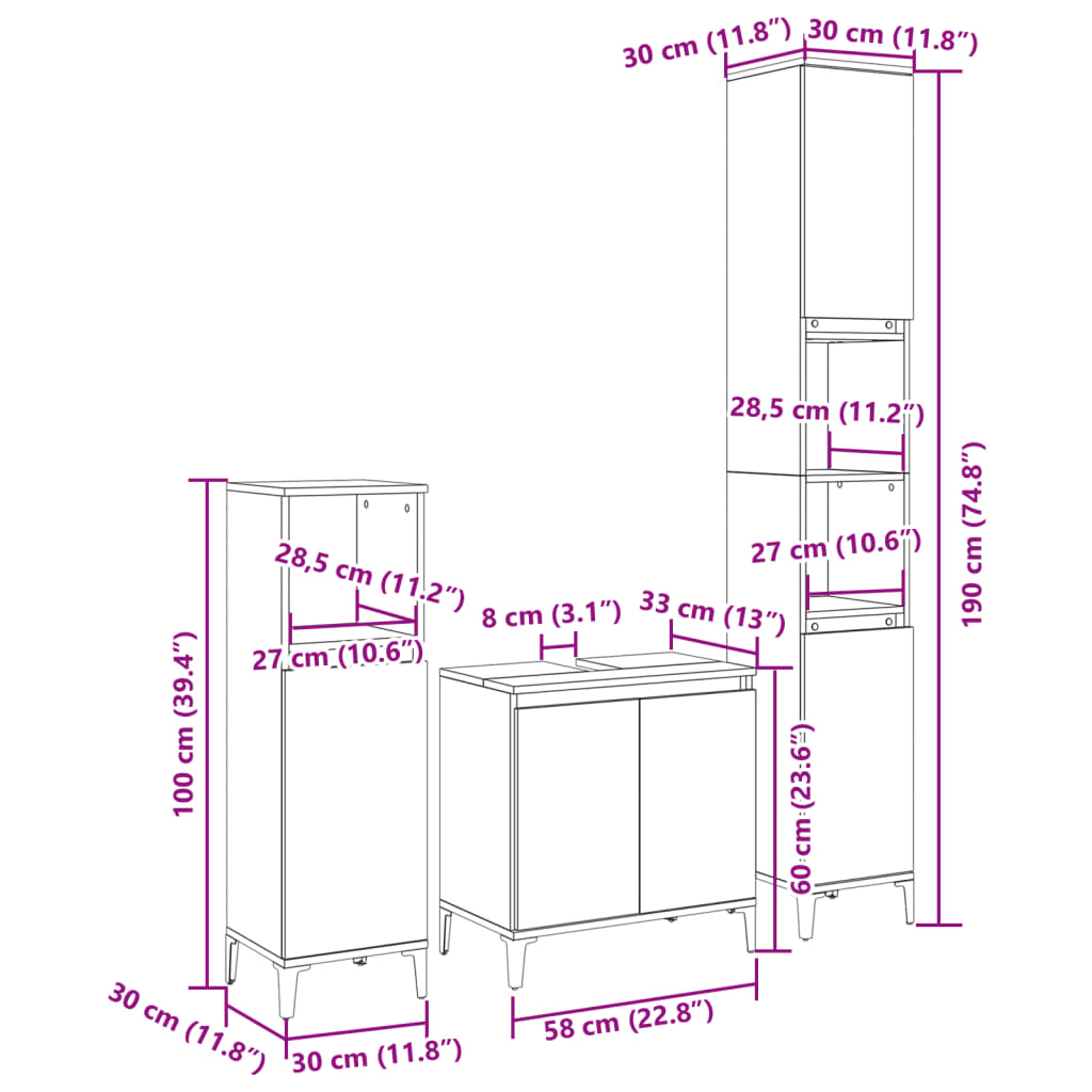 Set mobilier de baie, 3 piese, stejar sonoma, lemn prelucrat