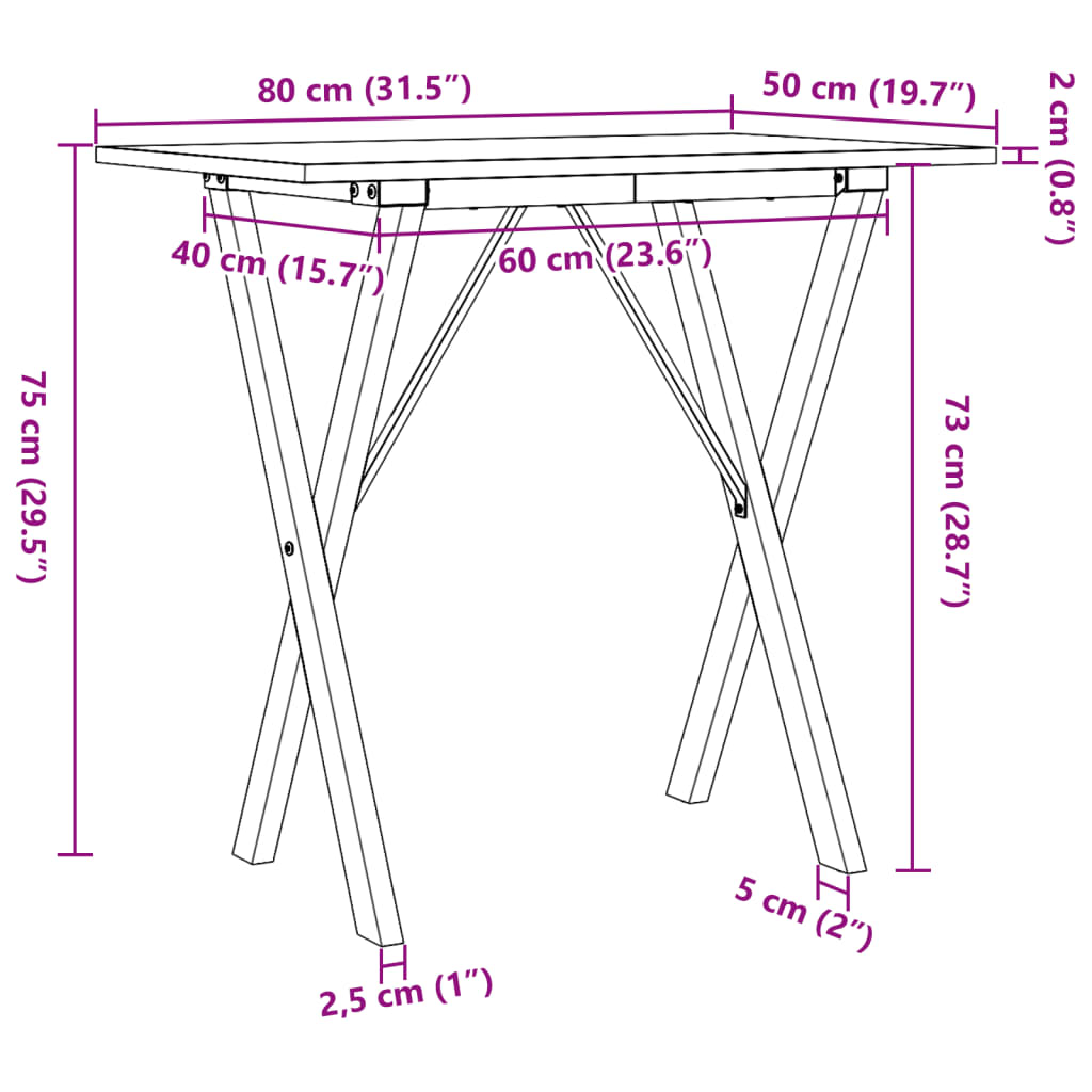 Masă de bucătărie, cadru X, 80x50x75 cm lemn masiv pin și fontă