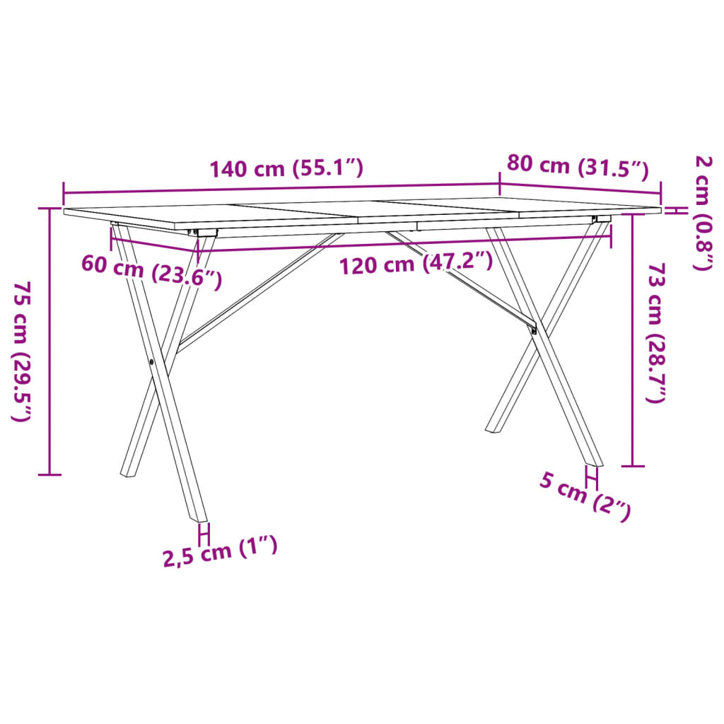 Masă de bucătărie, cadru X, 140x80x75cm lemn masiv pin și fontă