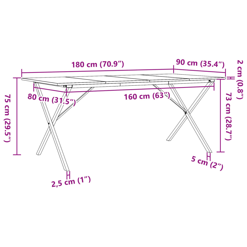 Masă de bucătărie, cadru X, 180x90x75cm lemn masiv pin și fontă