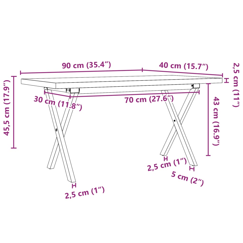 Masă de cafea, cadru X, 90x40x45,5 cm, lemn masiv pin și fontă