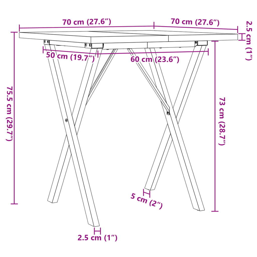 Masă bucătărie, cadru X, 70x70x75,5 cm lemn masiv pin și fontă