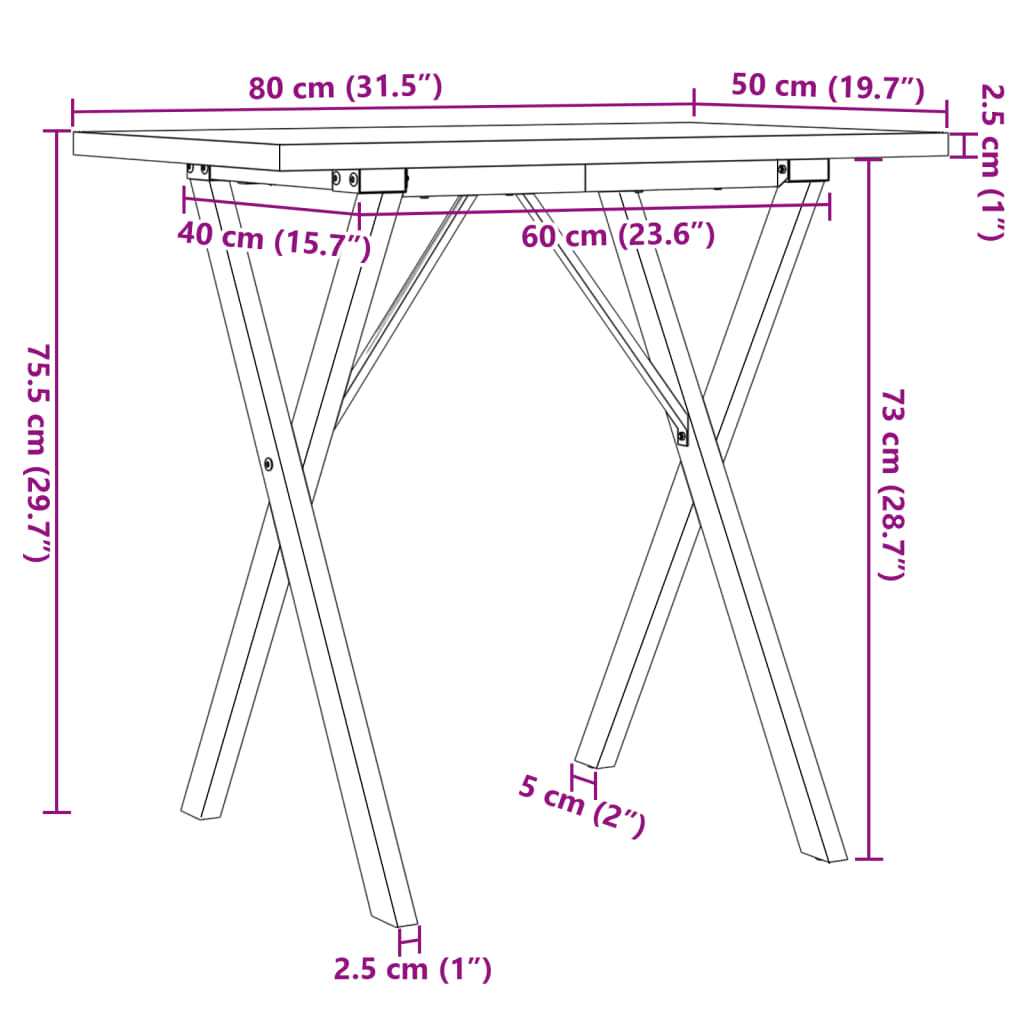 Masă bucătărie, cadru X, 80x50x75,5 cm lemn masiv pin și fontă