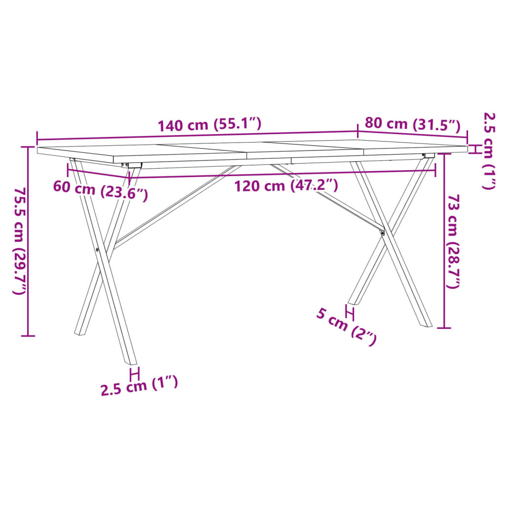 Masă bucătărie, cadru X, 140x80x75,5 cm lemn masiv pin și fontă