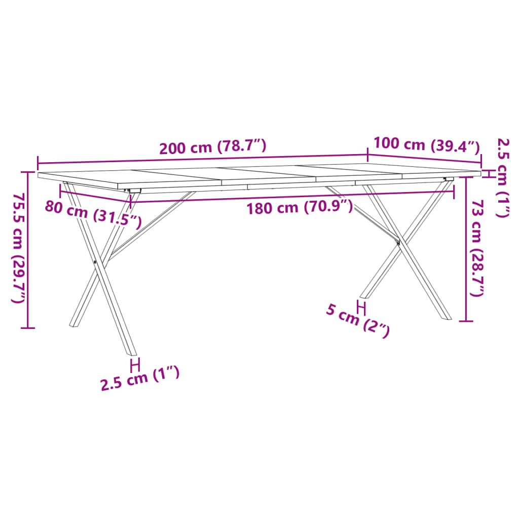 Masă bucătărie, cadru X, 200x100x75,5cm lemn masiv pin și fontă