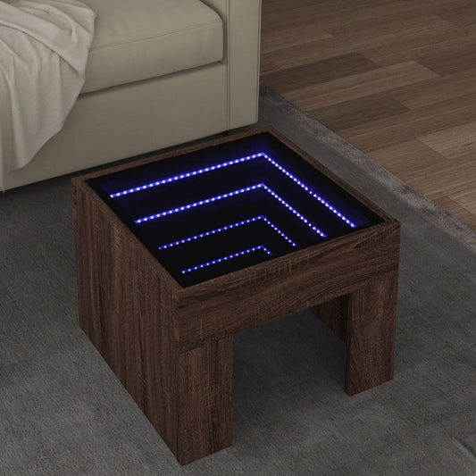 Măsuță de cafea cu LED infinity, stejar maro, 40x40x30 cm